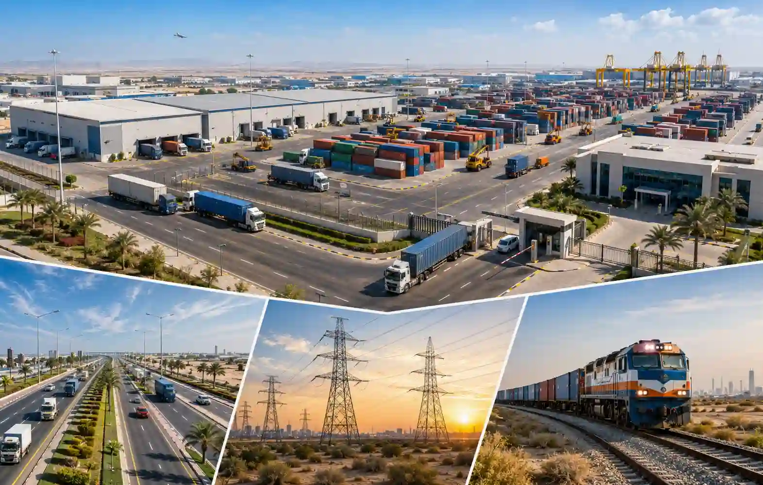 Modern Al Sajaa Bonded Dry Port with container yards, highways, power lines, and freight train showing major infrastructure development projects.