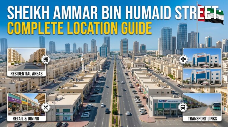 Sheikh Ammar Bin Humaid Street: Complete Location Guide Sheikh Ammar Bin Humaid Street in Ajman UAE with traffic and buildings