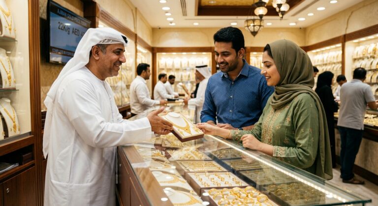 Ajman Gold Market: The Complete Buyer’s Guide to Prices, Location, and Smart Shopping Gold jewelry displays inside a shop at the Ajman gold market souq