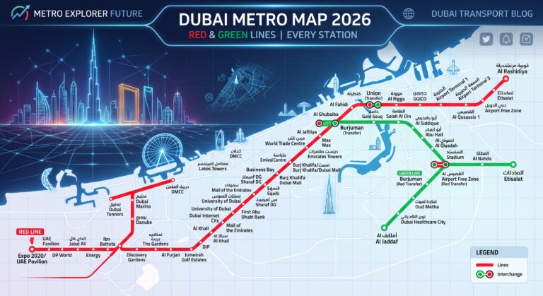 Dubai Metro Map 2026: Every Station on Red and Green Lines Dubai Metro map showing Red Line and Green Line stations
