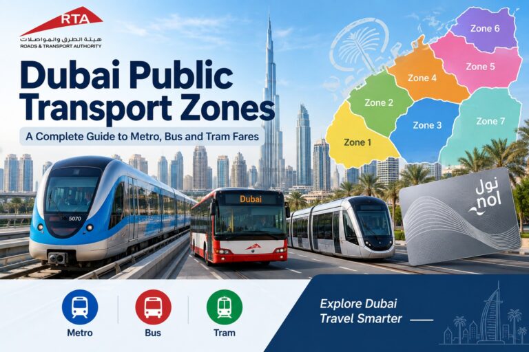Dubai public transport zones map showing Metro, Bus and Tram fare zones