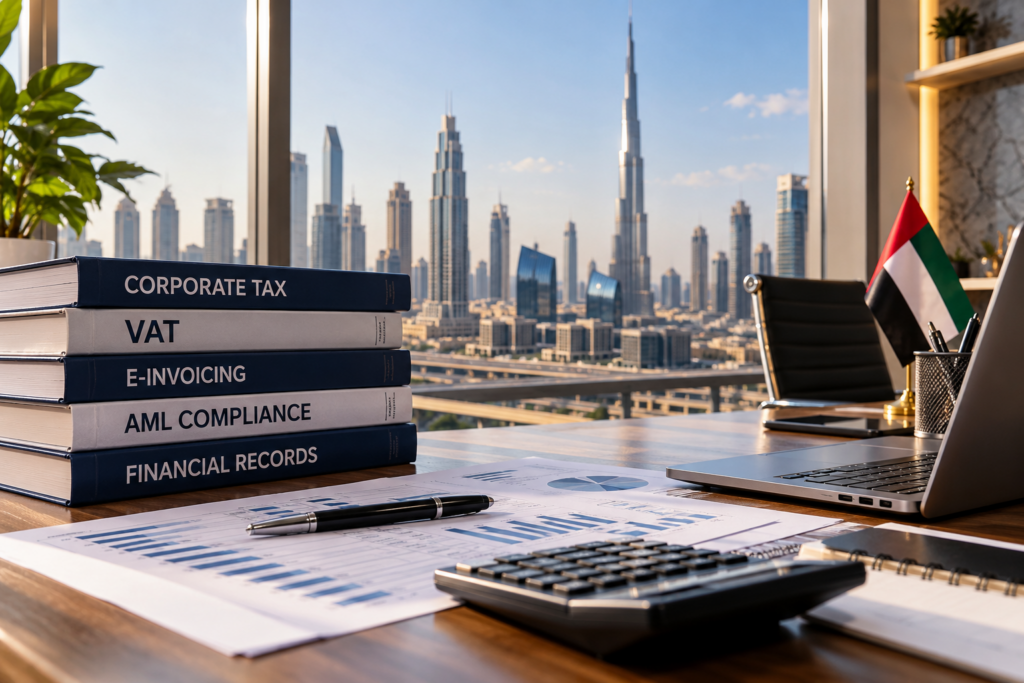 UAE business financial compliance documents covering corporate tax, VAT and e-invoicing in Dubai