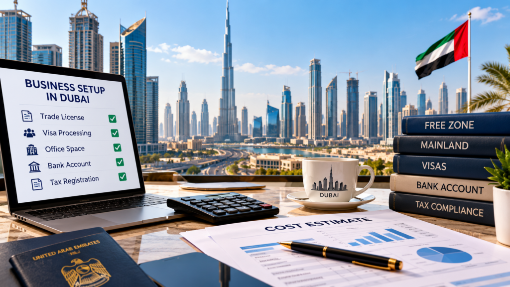 Dubai business setup costs in 2026 with company registration, visa, office and tax planning