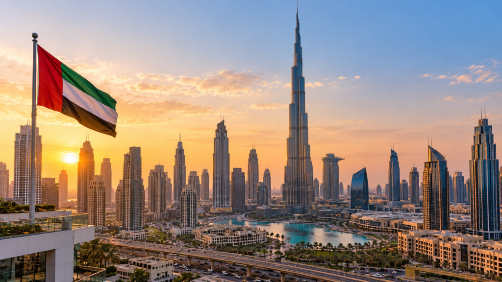 Dubai skyline with Burj Khalifa and UAE flag representing business opportunities for European e-commerce brands