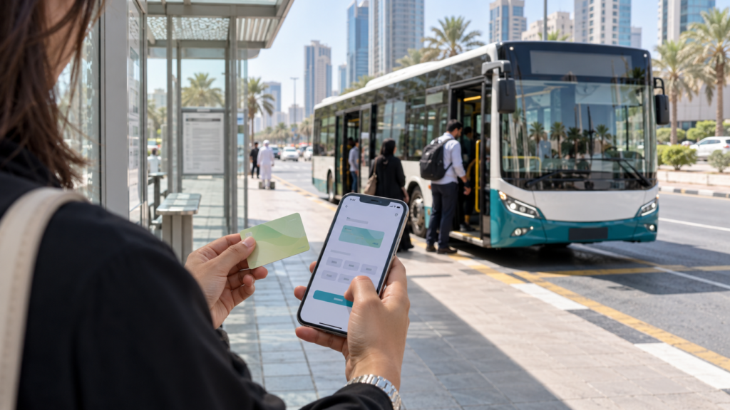 Commuter using a smartphone and transit card at a bus stop.