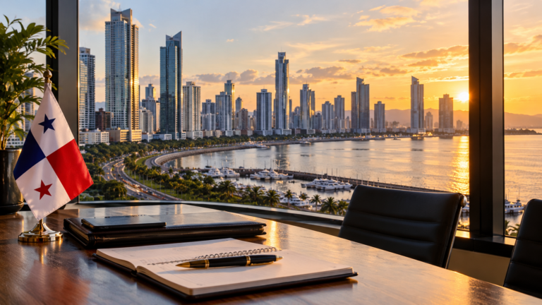 Panama City skyline and business district representing international company formation