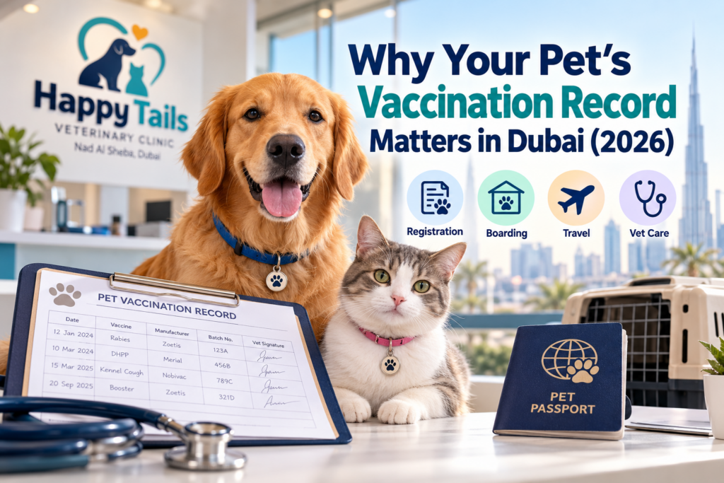 Veterinarian reviewing a dog's vaccination history at a Dubai veterinary clinic