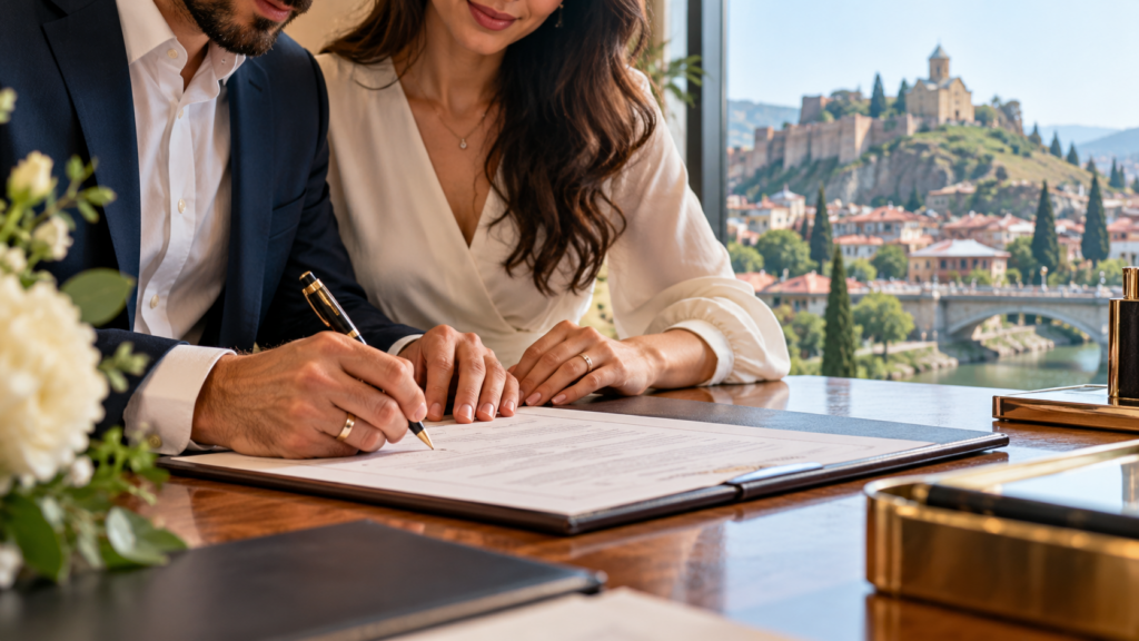 Couple signing marriage registration documents without a ceremony in Georgia