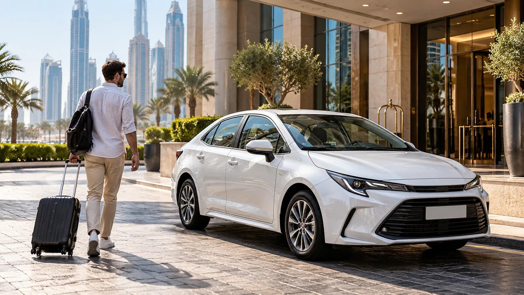 Traveler approaching a white rental sedan outside a Dubai hotel