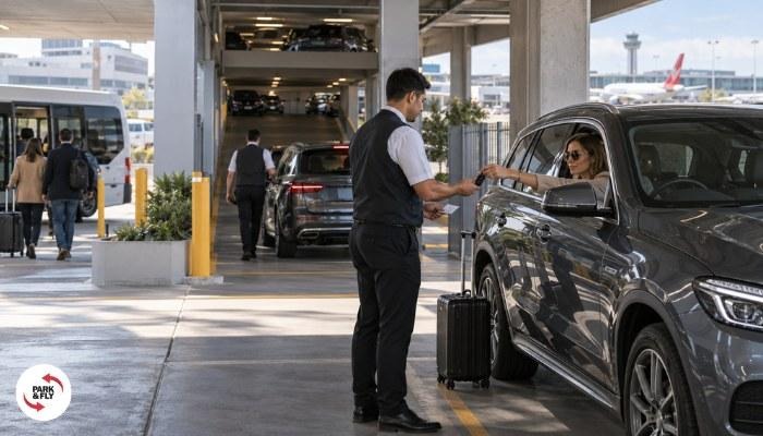 Valet staff assisting a driver at Sydney Airport parking facility