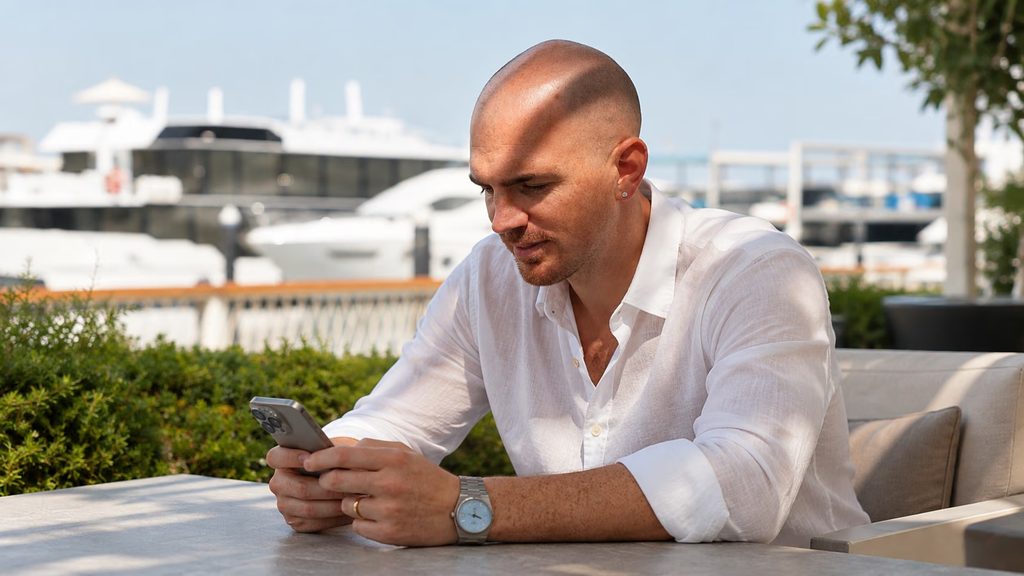 Alessandro Picchianti working on his smartphone at a marina